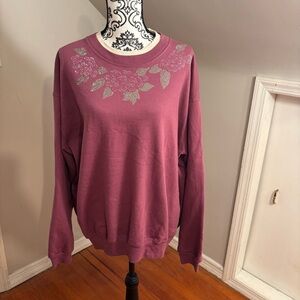 Top Stitch Women's Pink rhinestone Floral Sweatshirt Size 2XL Long Sleeve Plus